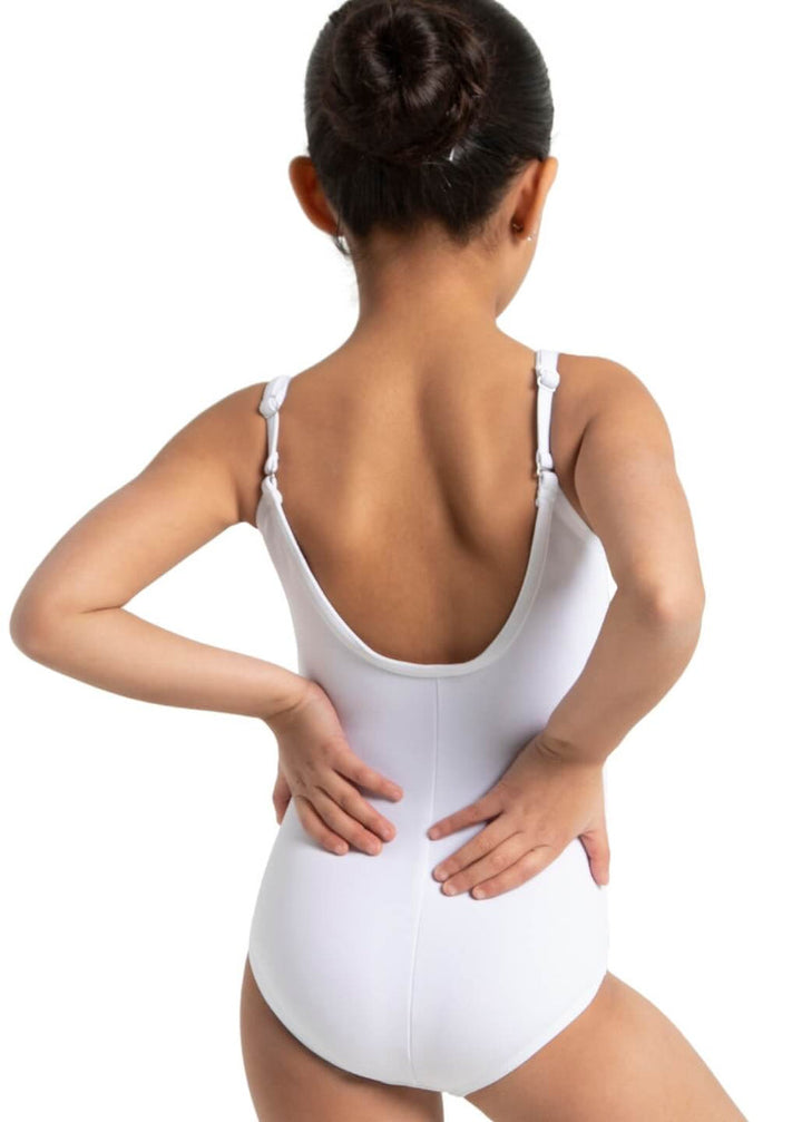 Capezio TB1420C Girls Team Basics Adjustable Strap Camisole Leotard in White, shown from the back