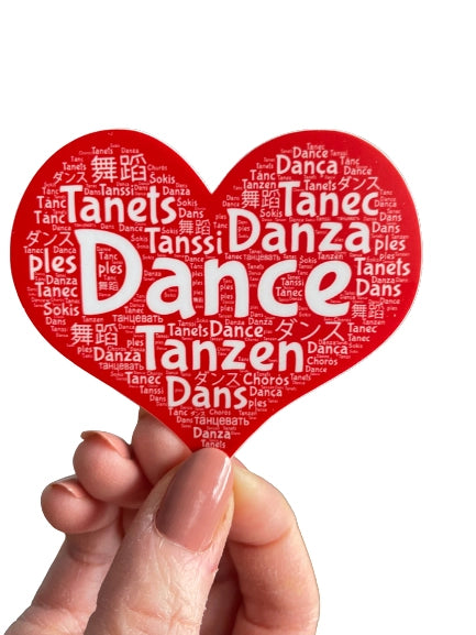 Red heart sticker with white Dance text in various languages.