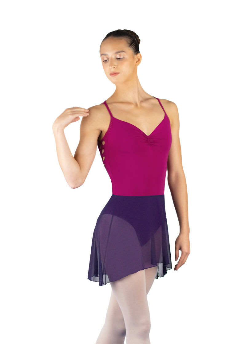 Ballet Rosa women's Erika mesh high-low pull-on skirt in purple.