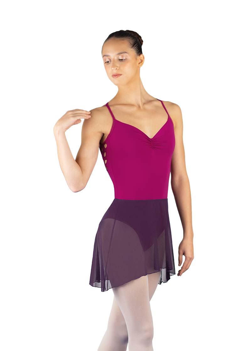 Ballet Rosa women's Erika mesh high-low pull-on skirt in purple.