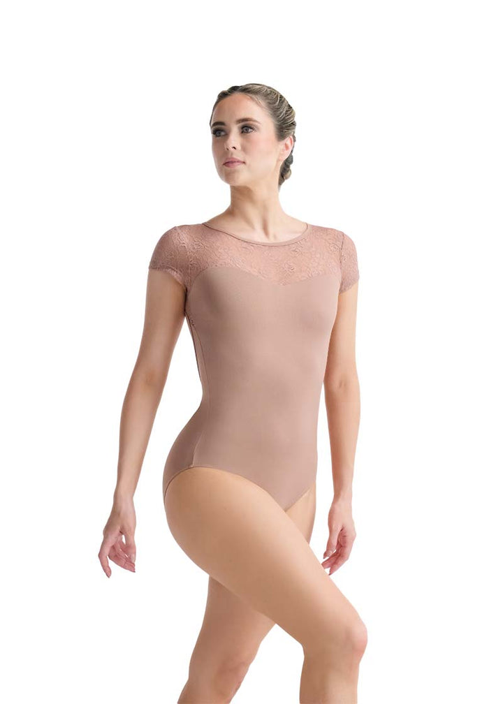 Ballet Rosa women's Fosette cap sleeve leotard in beige with lace neckline and sleeves.