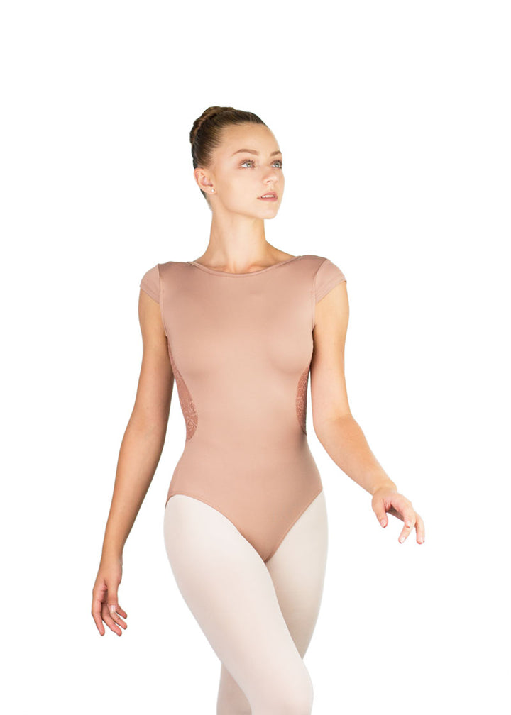 Ballet Rosa women's Maeva cap sleeve leotard in tan.