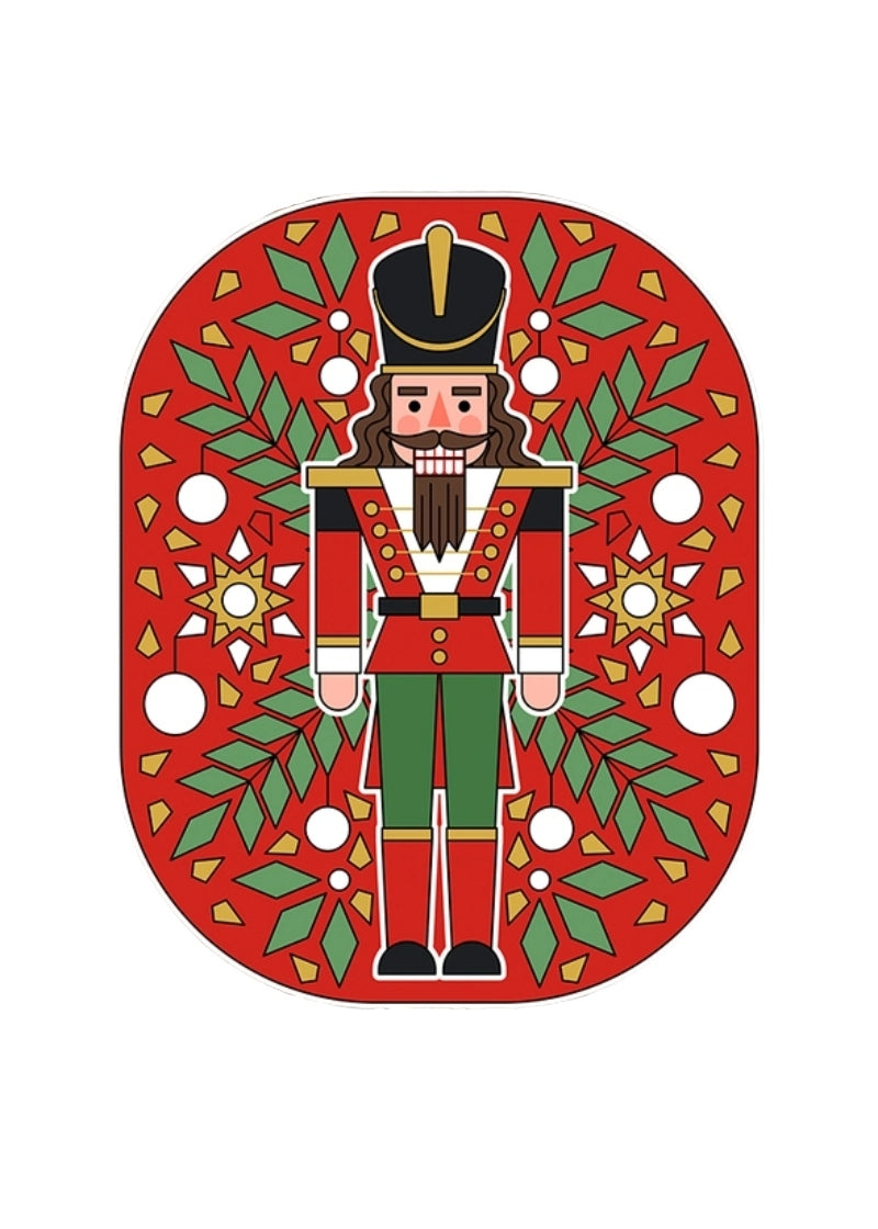 Cartoon nutcracker with holly on red background.