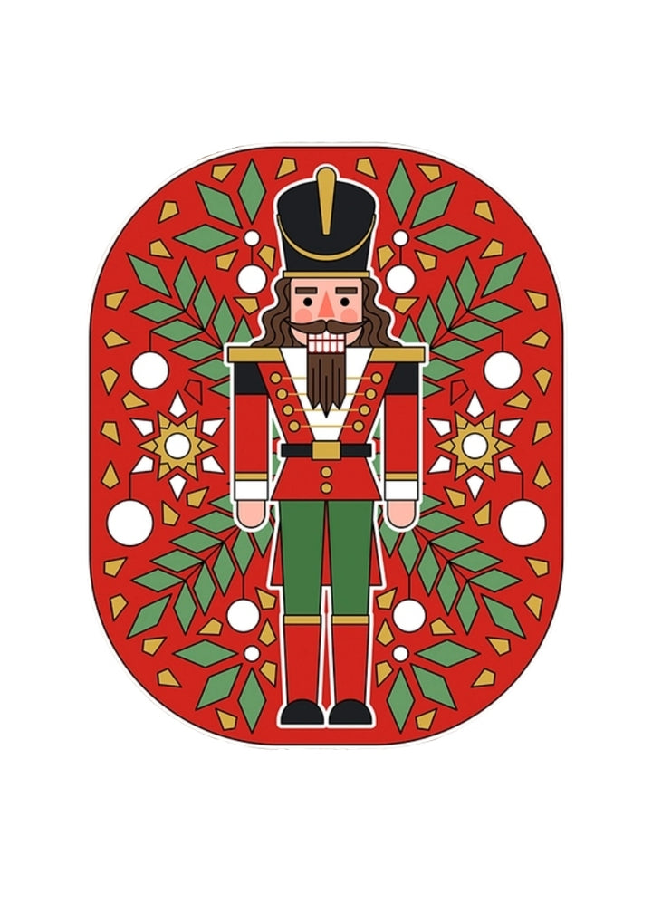 Cartoon nutcracker with holly on red background.
