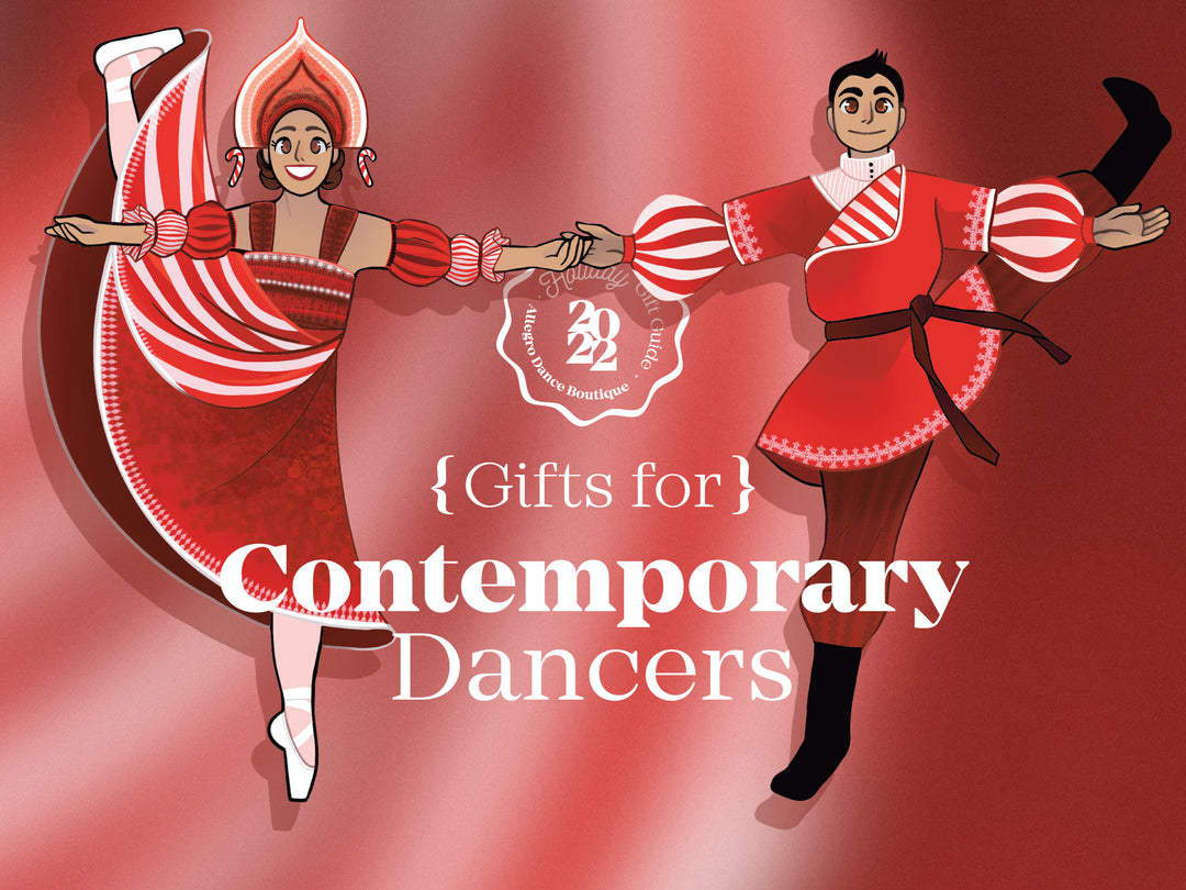 Russian Nutcracker dancers in candy cane themed outfits kick one leg in the air for gifts for contemporary dancers