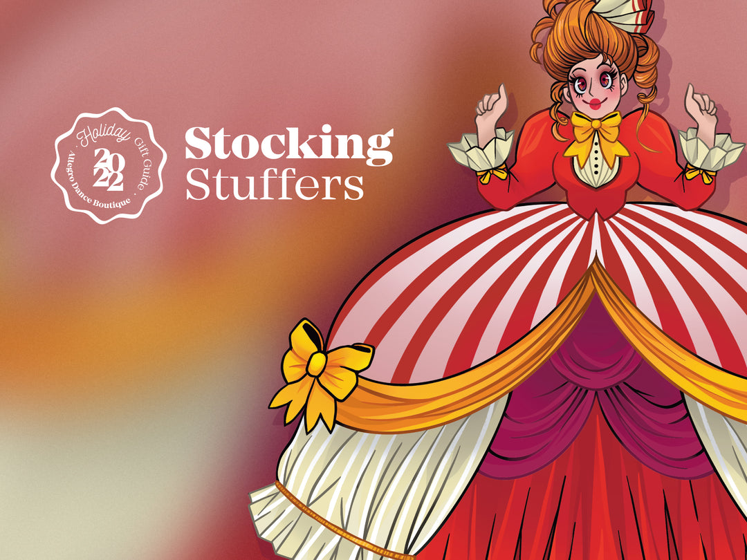 Nutcracker's Mother Ginger dressed in a circus-like giant skirt and colorful makeup promotes stocking stuffers