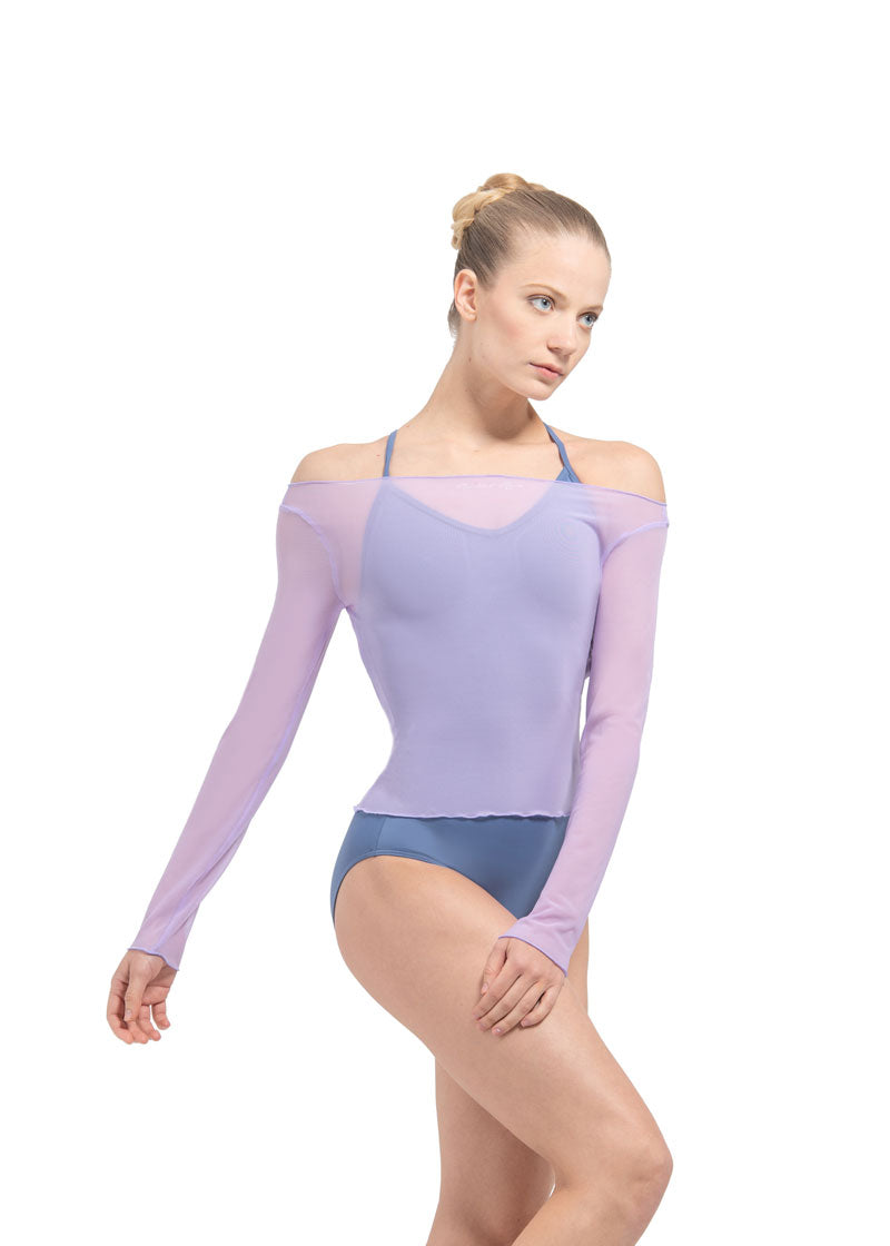 Ballet Rosa women's Natasha mesh long sleeve top in light purple with boat neckline.