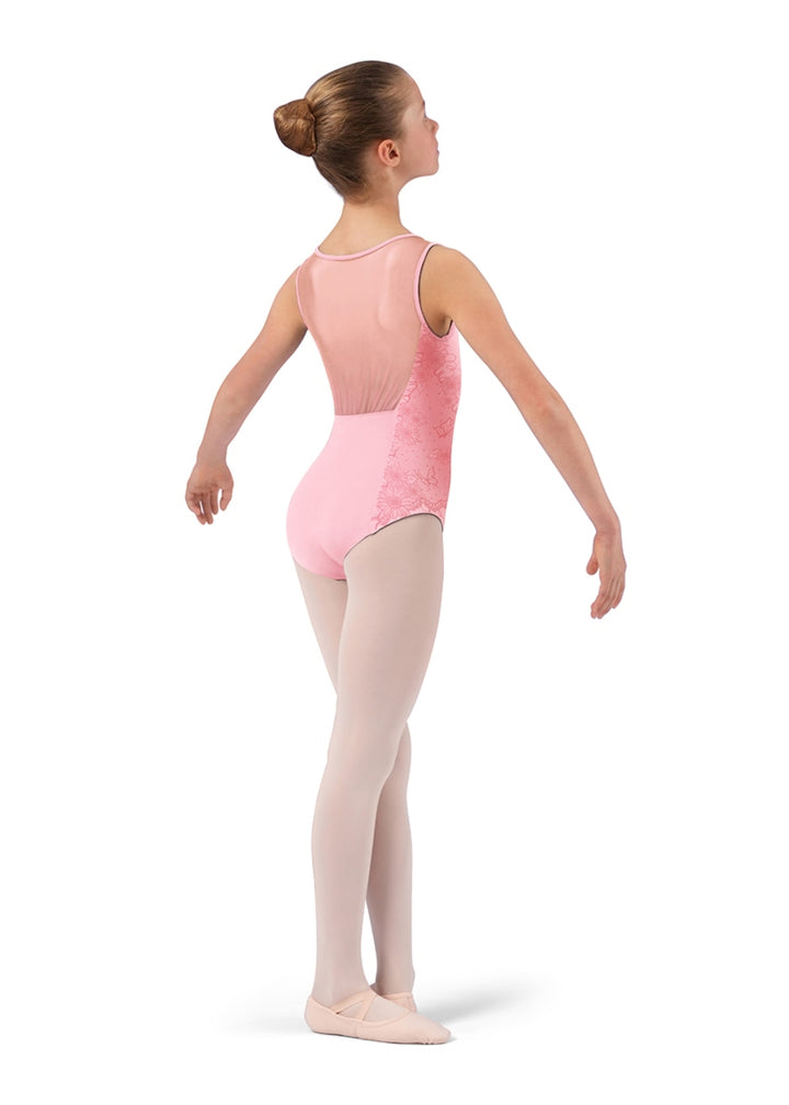 Lace Print Mesh Back Youth Tank Leotard (Candy Pink)