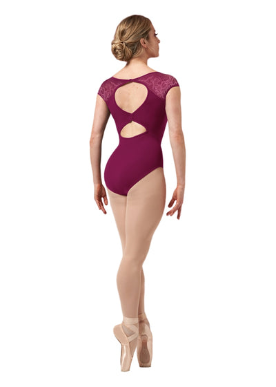 Lace Print Mesh Cap Sleeve Leotard (Cherry Pink)