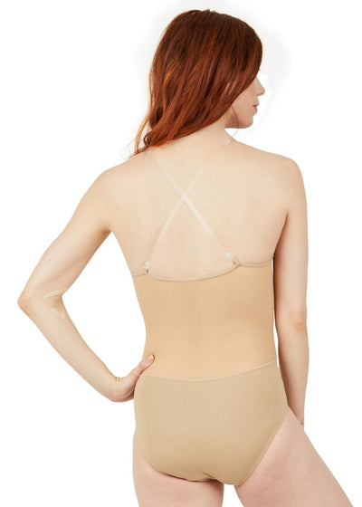 Plunge Neckline Mesh Midriff Camisole Leotard