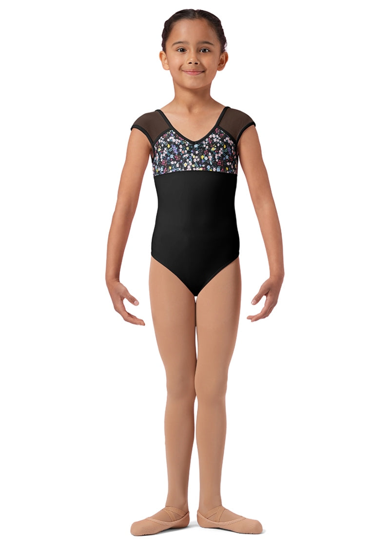 Ditsy Floral Youth Cap Sleeve Leotard (Black)