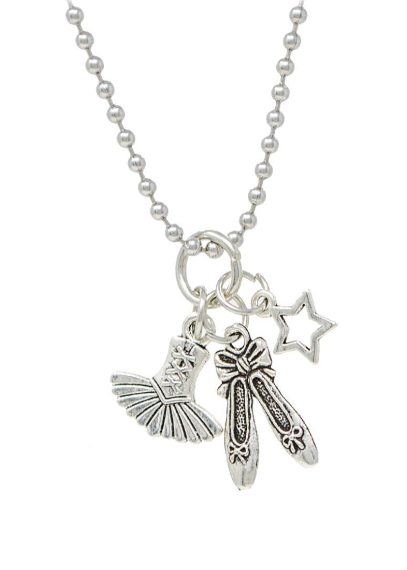 Ballet Slippers, Tutu, & Star Charm Necklace (Silver)