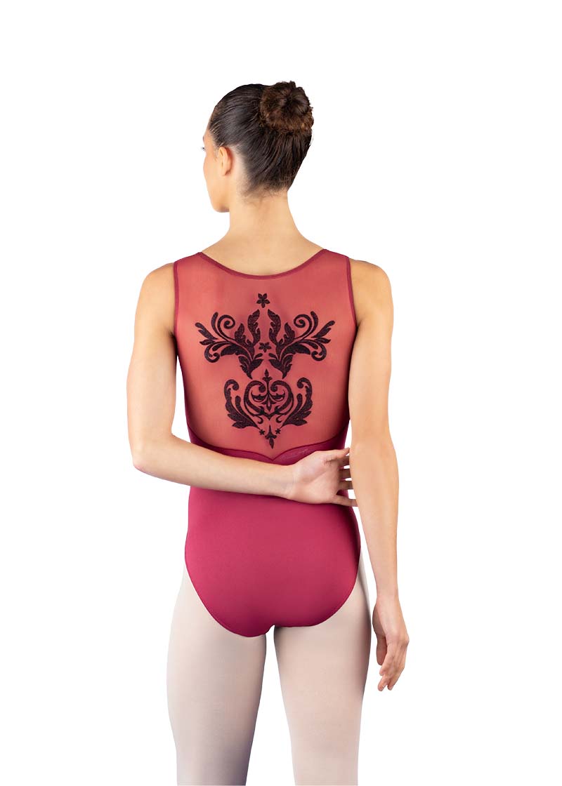 Ballet Rosa women's Crystale tank leotard in dark pink with black embroidery on pink mesh back.