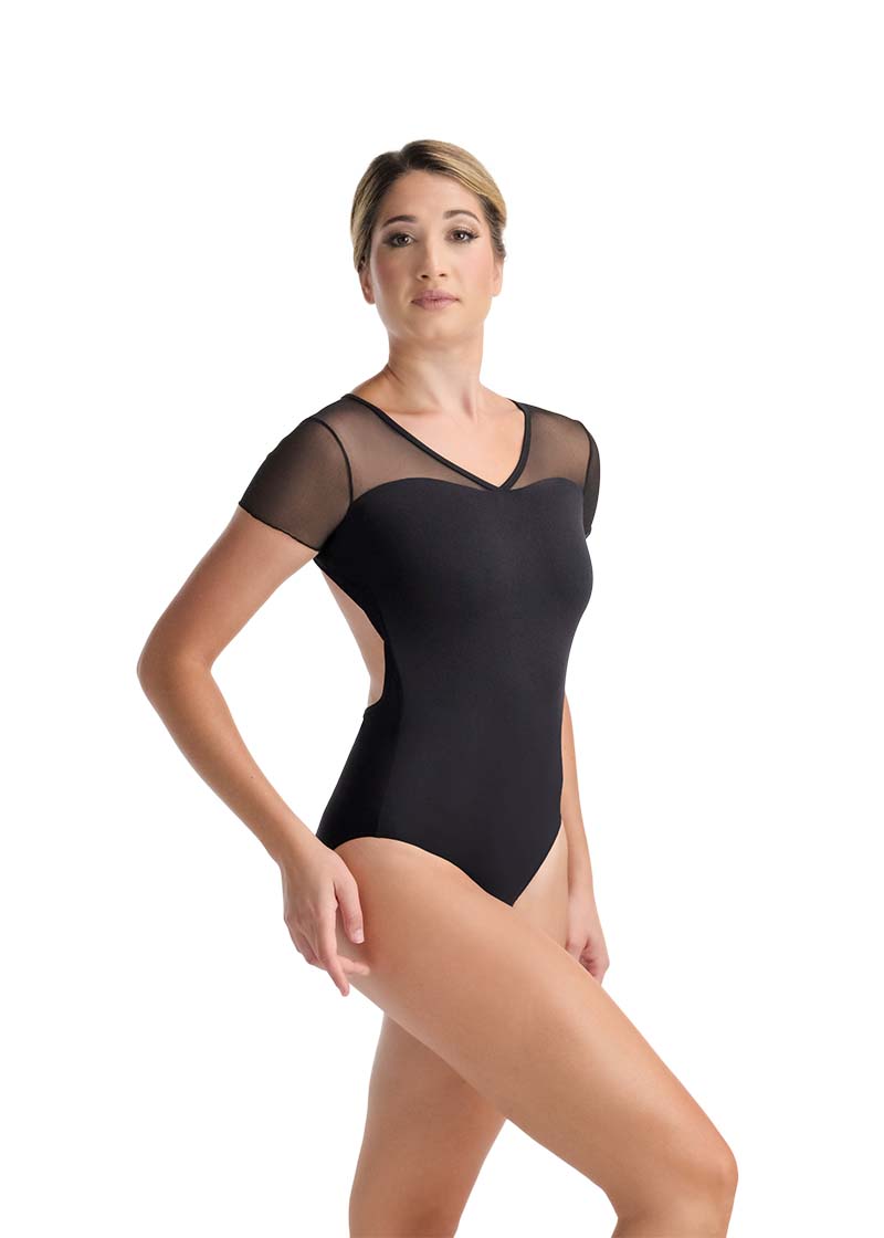 Ballet Rosa women's Monia cap sleeve leotard in black with mesh sleeves and v-neckline.