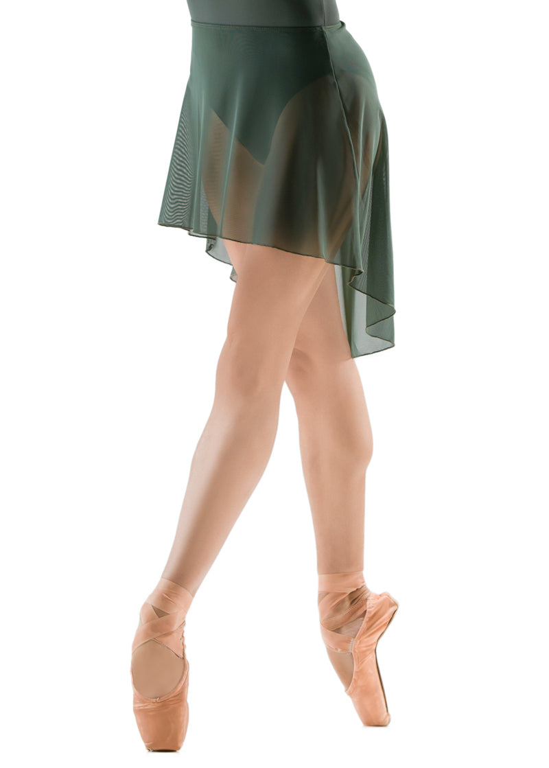 Ballet Rosa women's Ninette mesh pull-on high-low skirt in olive green.