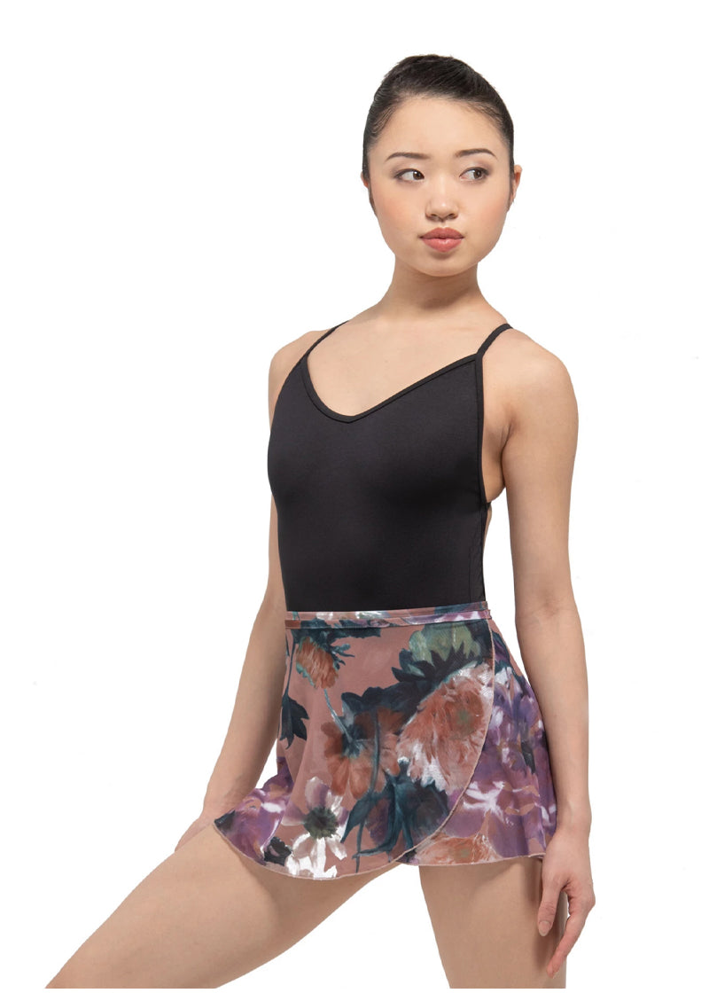 Ballet Rosa girls' Candid wrap skirt in tan floral pattern.